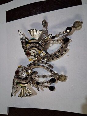 Silver Fish Drop Earrings with Black & Clear Beads